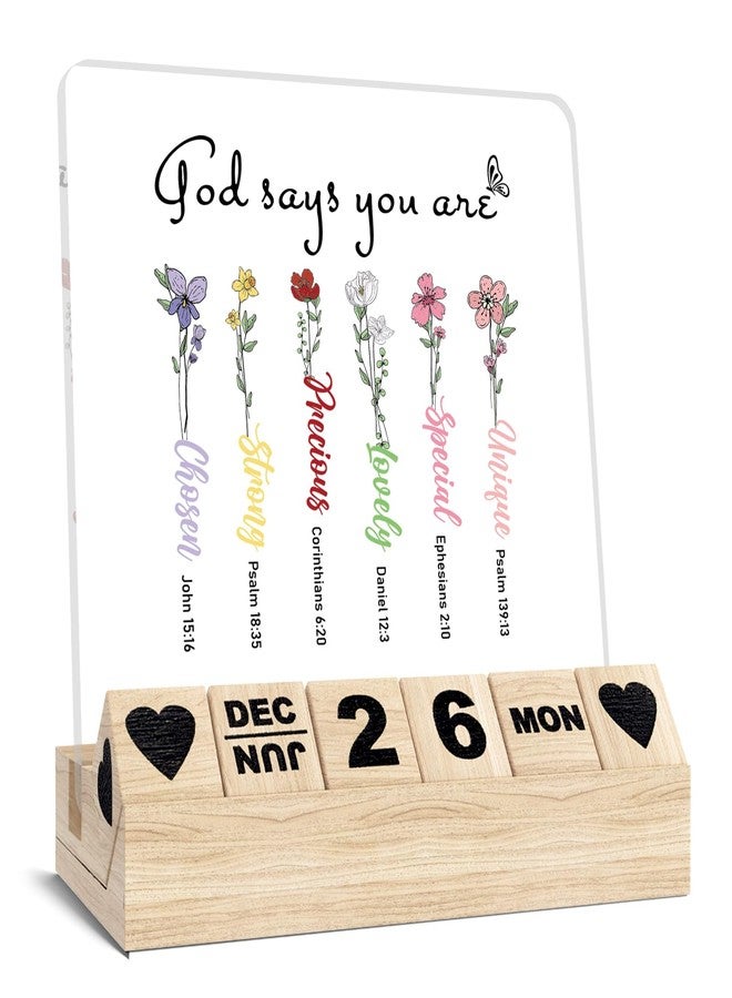 Ythuil Christian Gifts for Women, Wooden Block Calendar for Desk, Religious Gifts for Coworker Female, God Says You Are Desk Sign, Inspirational Bible Verse Acrylic Plaque, Floral Home Office Decor - Image 1